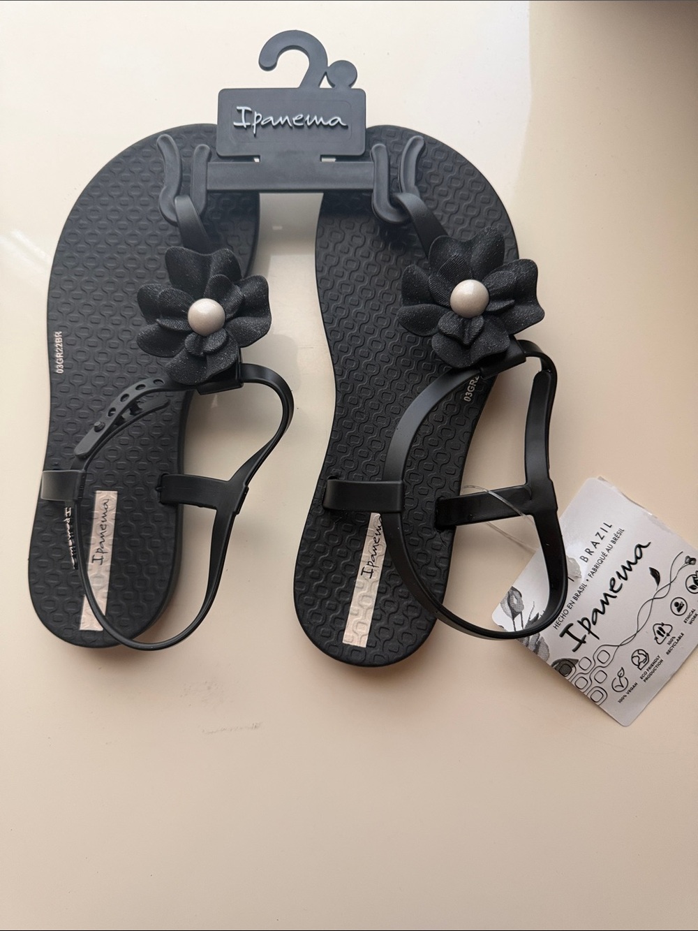 Ipanema Black Floral Jelly T-Strap Sandals with Pearl Accent